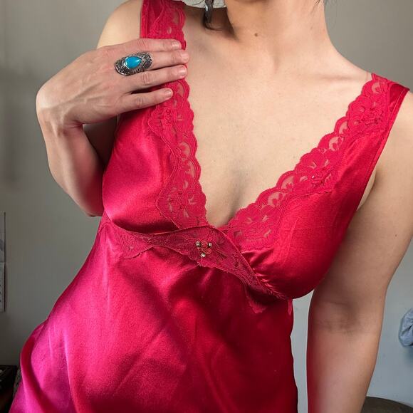 Vintage Dresses & Skirts - Vintage California Dynasty Red Satin Lace Lingerie Slip Dress w/ Leg Slit Sz S